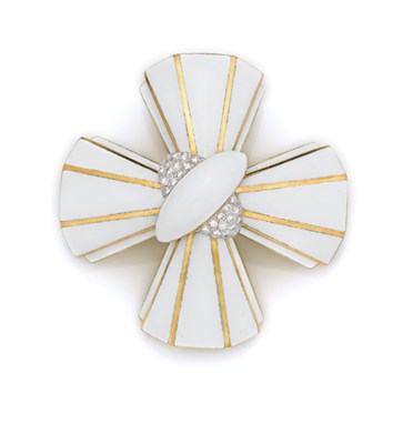 Lot 456 - Gold, Platinum, White Enamel and Diamond Bow Clip-Brooch, David Webb