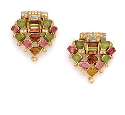Lot 50 - Pair of Peridot, Pink Tourmaline, Citrine and Diamond Earclips