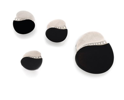 Lot 106 - White Gold, Black Onyx and Diamond Brooch, Ring and Pair of Earclips