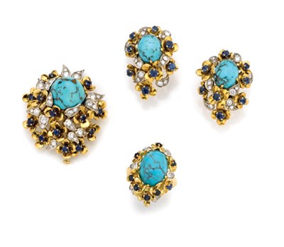 Lot 410 - Gold, Turquoise, Diamond and Sapphire Brooch, Earrings and Ring, Kern