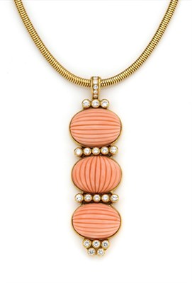 Lot 58 - Gold Snake Chain Necklace with Fluted Angel Skin Coral and Diamond Pendant