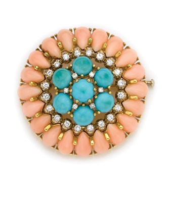 Lot 57 - Turquoise, Angel Skin Coral and Diamond Brooch