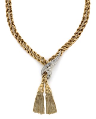 Lot 382 - Double Strand Gold, Platinum and Diamond Tassel Necklace
