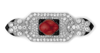 Lot 544 - Art Deco Diamond, Oxblood Coral and Black Onyx Brooch, Tiffany & Co.