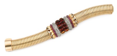 Lot 499 - Gold, Cabochon Citrine, Ruby and Diamond Bracelet-Watch
