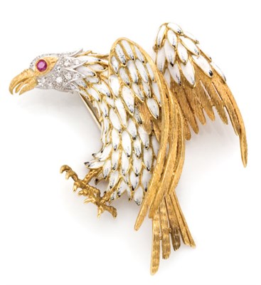 Lot 218 - Gold, White Enamel, Diamond and Ruby Eagle Brooch