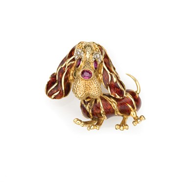 Lot 348 - Gold, Enamel, Diamond and Ruby Cocker Spaniel Clip-Brooch