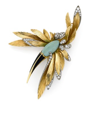 Lot 412 - Two-Color Gold, Turquoise, Diamond and Black Enamel Bird Clip-Brooch, Kern