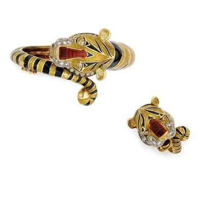 Lot 323 - Gold, Enamel and Diamond Tiger Bangle and Ring