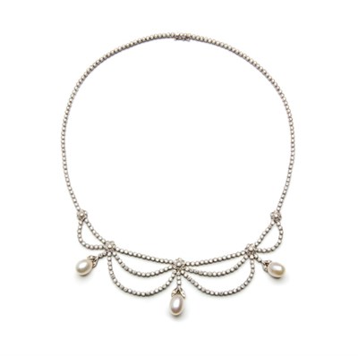 Lot 327 - White Gold, Fresh Water Pearl and Diamond Swag Necklace