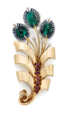 Lot 252 - Gold, Platinum,Cabochon Emerald, Sapphire, Ruby and Diamond Clip-Brooch