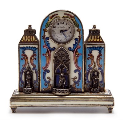 Lot 1232 - Enameled Silver Travel Clock Afra Watch Co. In...