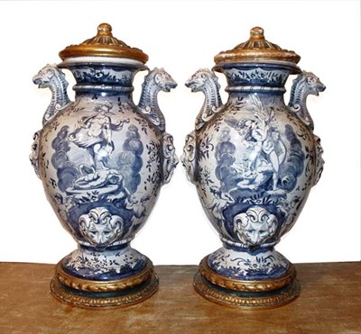 Lot 485 - Pair of Italian Blue and White Pottery Covered...