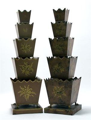 Lot 3243 - Pair of Painted Tole Five-Tier Topiaries...