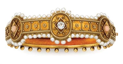 Lot 476 - Antique Gold, Diamond, Coral and Pearl Bangle