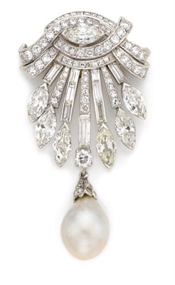 Lot 546 - Diamond and Natural Pearl Brooch