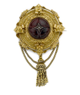 Lot 471 - Archeological Revival Gold, Silver, Carbuncle and Diamond Swag Fringe Brooch