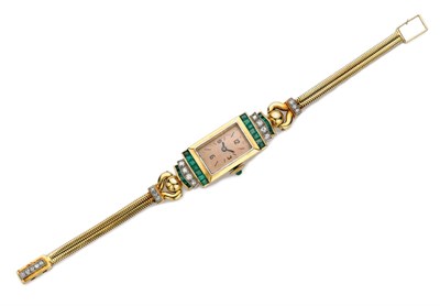Lot 171 - Gold, Emerald and Diamond Snake Chain Wristwatch