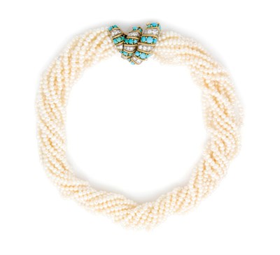 Lot 146 - Multi-Strand Freshwater Pearl Torsade Necklace with Turquoise and Diamond Clasp, Marshak