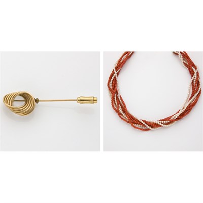 Lot 559 - Multi-Strand Coral Bead and Cultured Pearl Torsade Necklace and Group of Gold, Coral and Diamond Jewelry