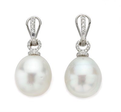 Lot 119 - Pair of Cultured Pearl and Diamond Pendant-Earrings
