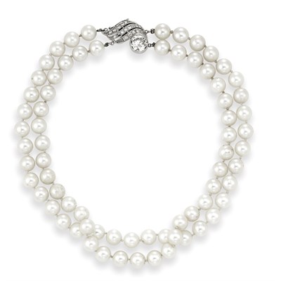 Lot 36 - Double Strand Cultured Pearl Necklace with Diamond Clasp