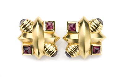 Lot 103 - Pair of Gold, Cabochon Rubellite and Iolite Earrings, Aletto & Co.
