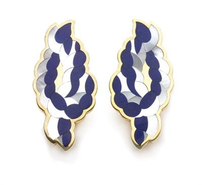 Lot 140 - Pair of Gold, Lapis and Mother-of-Pearl Earrings, Tiffany & Co.