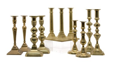 Lot 2215 - Six Pairs of Brass Candlesticks 19th/20th...
