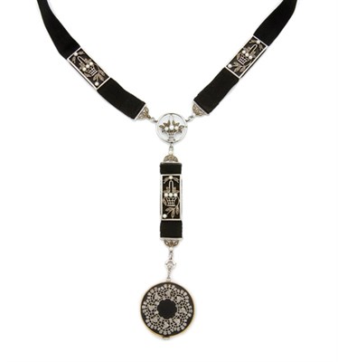 Lot 319 - Edwardian Black Enamel, Diamond, Pearl and Gros Grain Ribbon Pendant-Watch Necklace