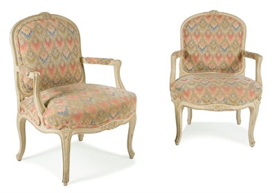 Lot 1389 - Pair of Louis XV Style Painted Fauteuils Each...