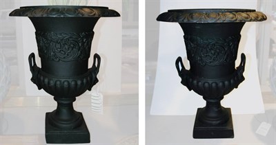 Lot 526 - Pair of Black Painted Two-Handled Garden Urns...