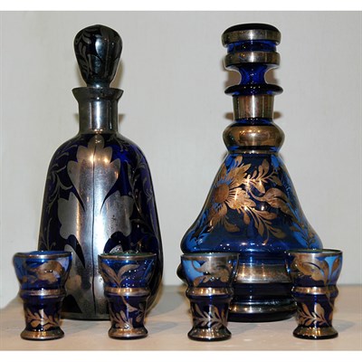 Lot 467 - Two Silver Overlay Cobalt Glass Decanters;...