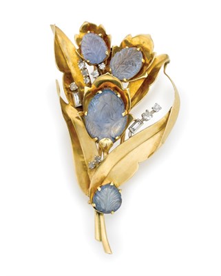 Lot 480 - Gold, Carved Sapphire and Diamond Clip-Brooch