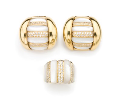 Lot 142 - Pair of Gold, Mother-of-Pearl and Diamond Earclips and Ring