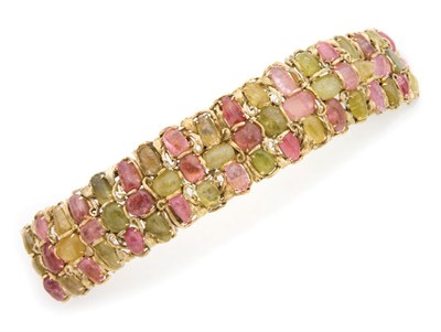 Lot 49 - Gold, Cabochon Pink Tourmaline and Green Stone Cuff Bracelet