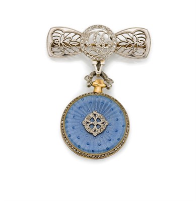 Lot 194 - Edwardian Platinum, Gold, Guilloche Blue Enamel and Diamond Lapel Watch, Bailey, Banks & Biddle