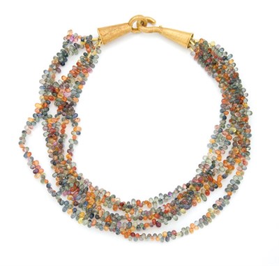 Lot 43 - Five Strand Multi-Colored Sapphire Briolette Bead Torsade Necklace with Gold Clasp