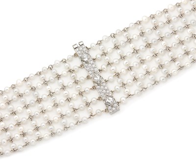 Lot 78 - Platinum and Pearl Mesh Choker Necklace with Diamond Clasp