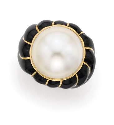 Lot 457 - Gold, Black Enamel and Mabe Pearl Ring, David Webb