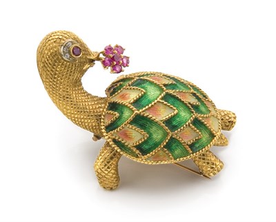Lot 350 - Gold, Enamel, Diamond and Ruby Turtle Clip-Brooch