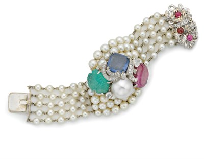 Lot 401 - Five Strand Cultured Pearl, Colored Stone, Mabe Pearl and Diamond Bracelet, Seaman Schepps