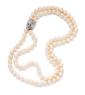 Lot 86 - Double Strand Cultured Pearl Necklace with Diamond Clasp