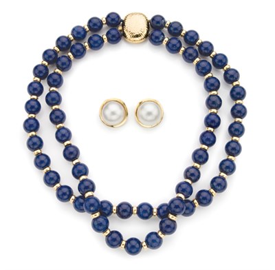 Lot 10 - Double Strand Lapis Bead and Gold Necklace and Pair of Mabe Pearl Earclips