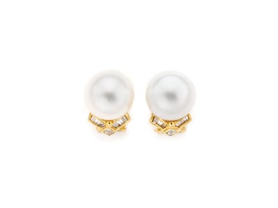 Lot 133 - Pair of Cultured Pearl and Diamond Earrings