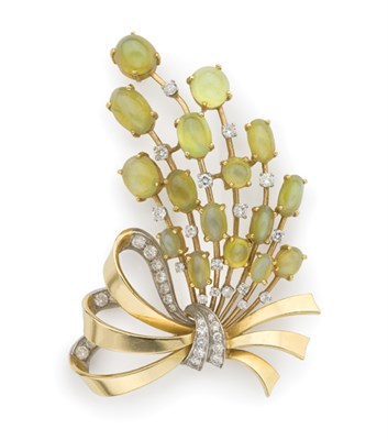 Lot 486 - Gold, Platinum, Cat's Eye and Diamond Bow Clip-Brooch