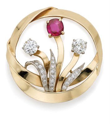 Lot 478 - Gold, Platinum, Diamond and Ruby Circle Brooch