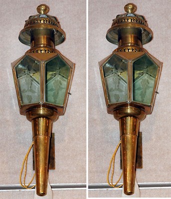 Lot 3403 - Pair of Brass Carriage Lanterns Each converted...