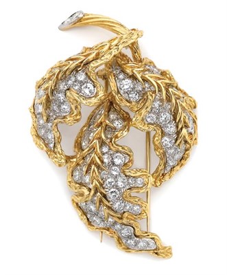 Lot 384 - Gold, Platinum and Diamond Leaf Clip-Brooch
