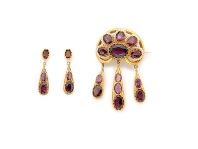 Lot 2 - Antique Gold, Rhodolite Garnet and Seed Pearl Brooch and Pair of Pendant-Earrings